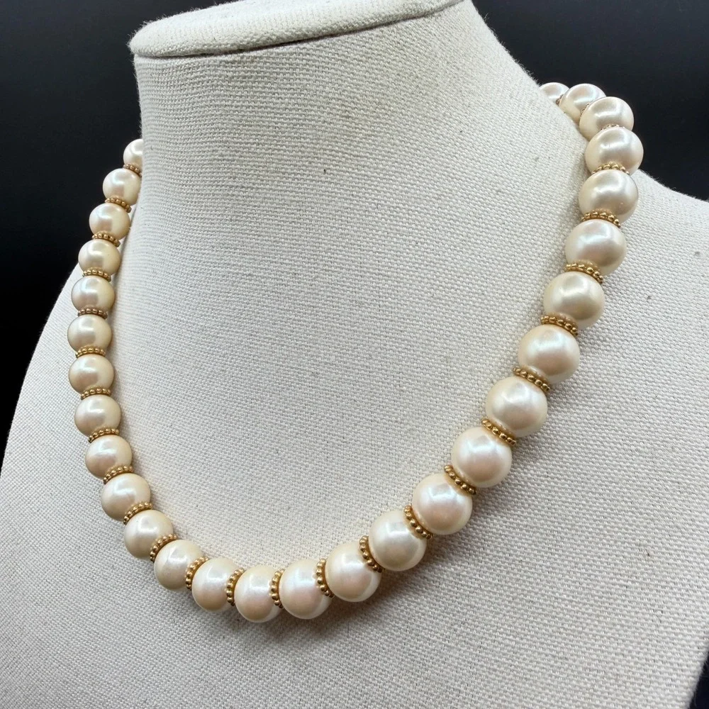 Cream Faux Pearl Beaded Necklace Gold Tone Spacer Classic Elegant Statement
